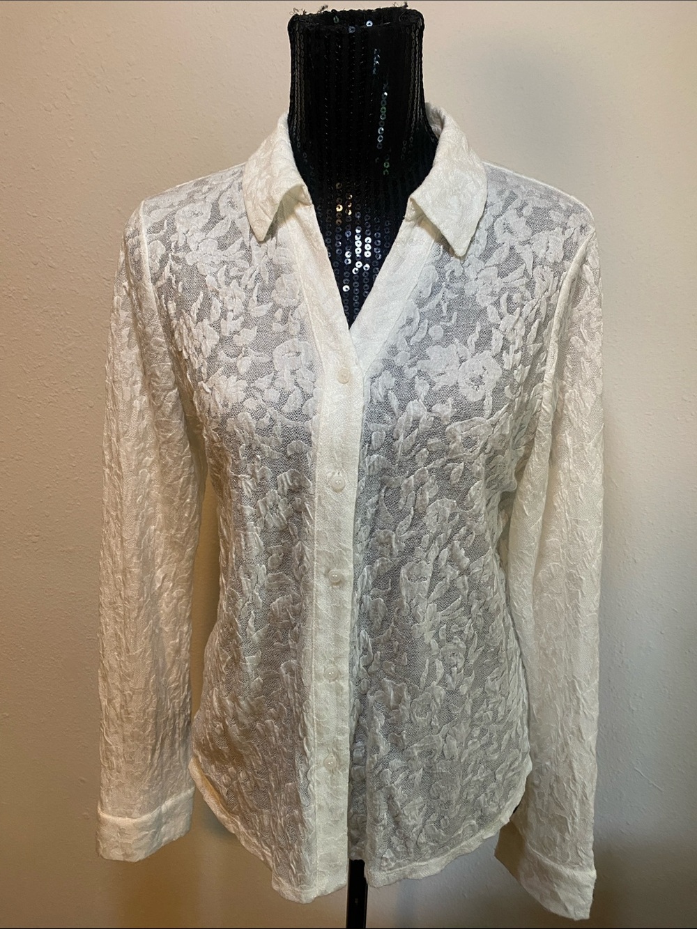 Adrianna Papell Ivory Sheer Floral Lace Button-Down Shirt
